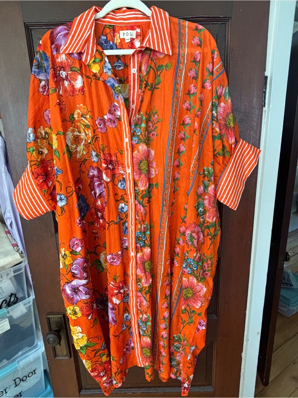 POL Orange Floral Maxi Shirt Dress with Striped Collar